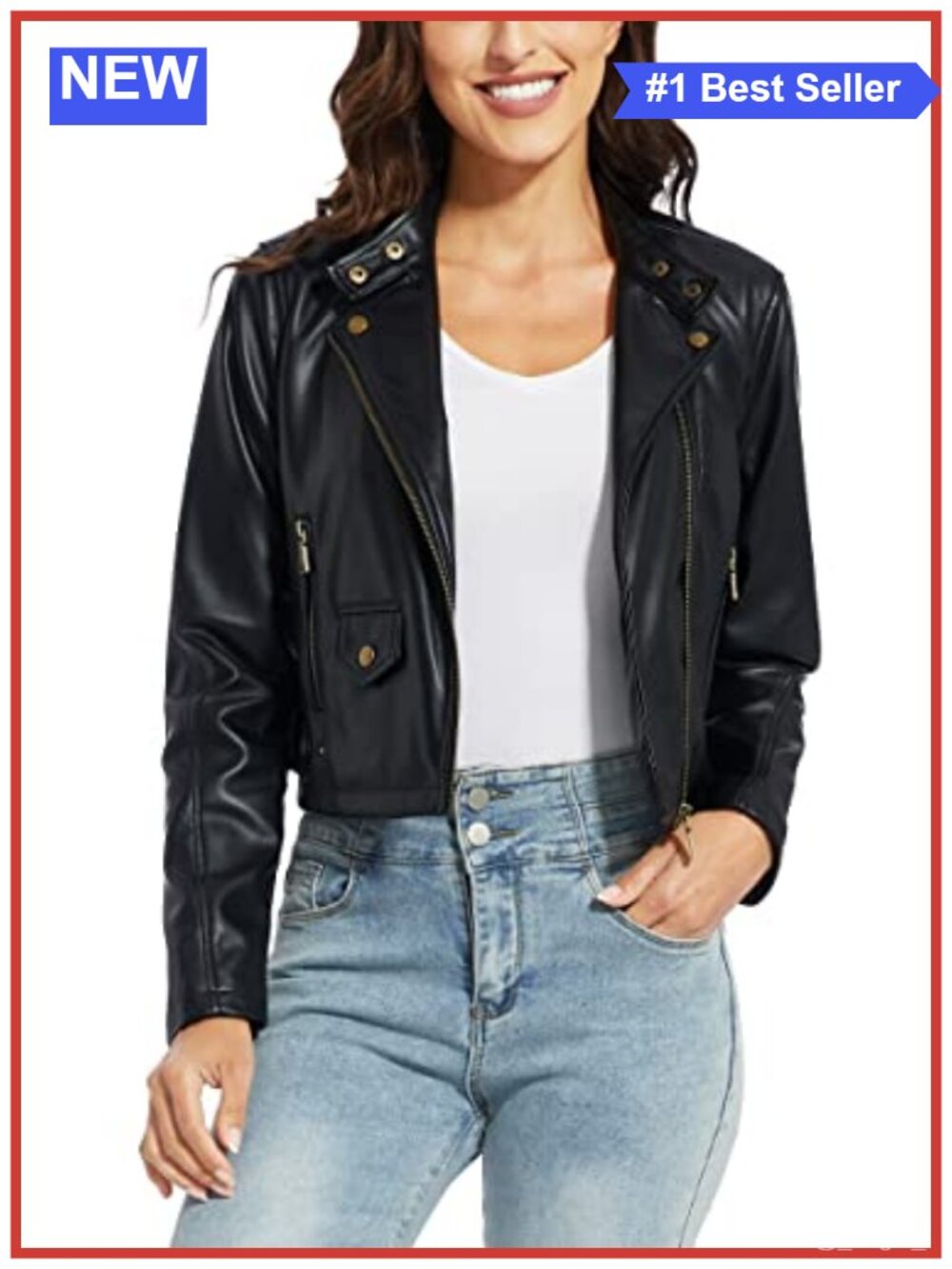 Faux Leather Motorcycle Jacket Women's Zip Moto Biker Coat